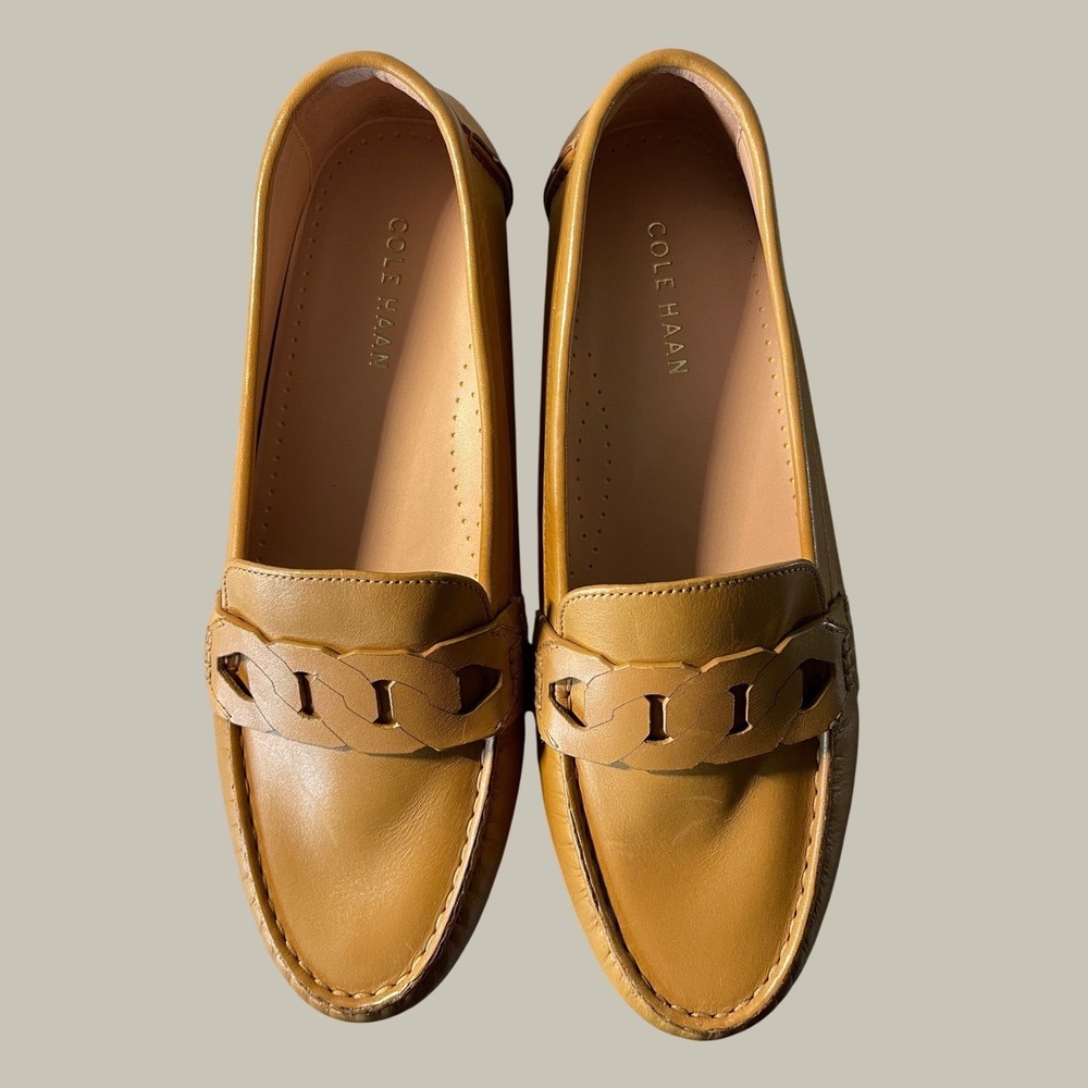 Cole Haan Driver Loafers Women Size 7.5 Tan Leather Braided Chain W18659